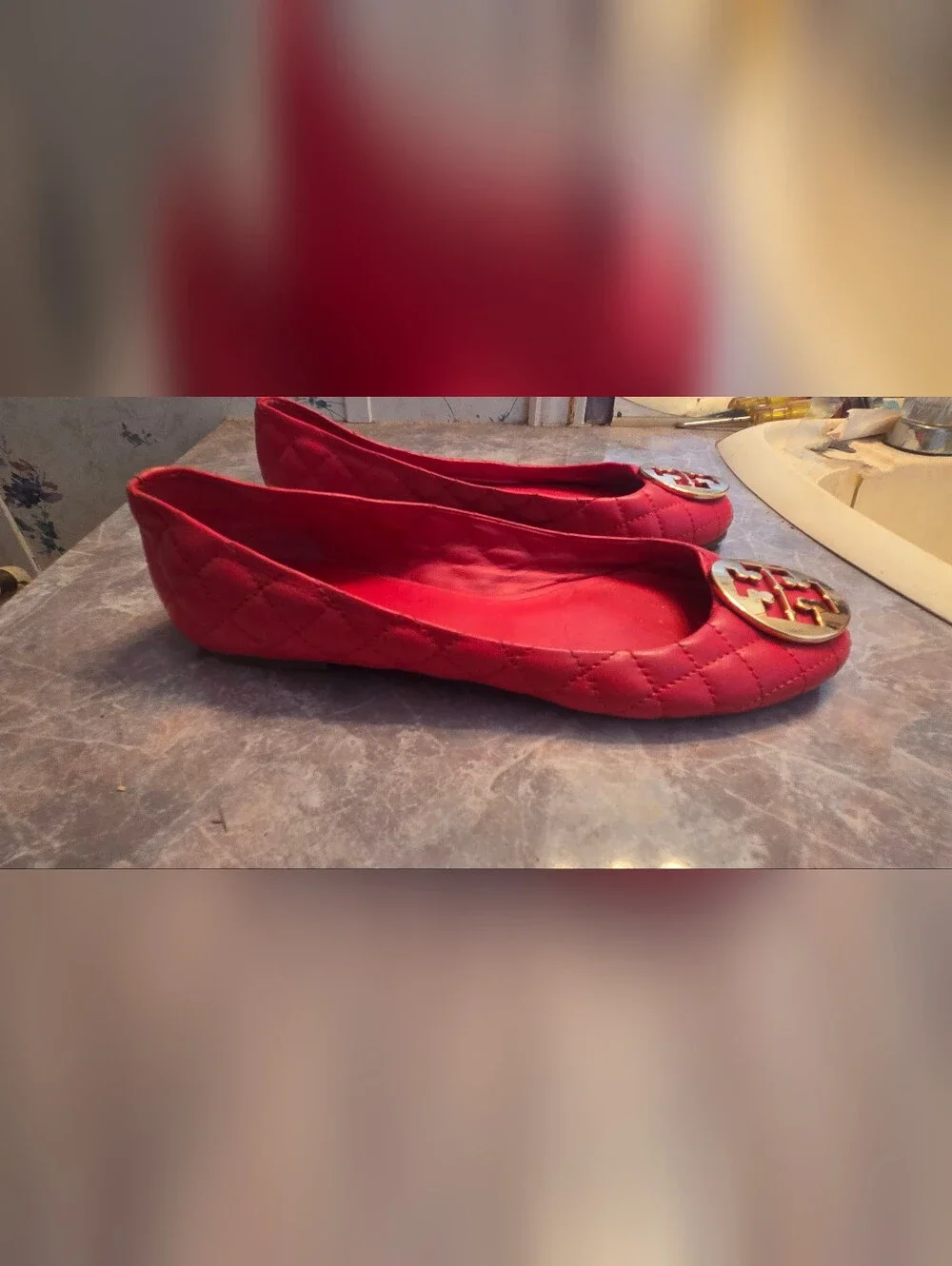 Tory Burch Red Quilted Logo Ballet Flats